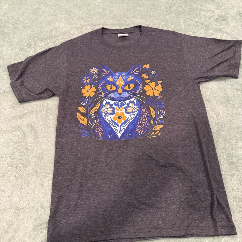 Port & Company Cat Graphic T-Shirt Brown Floral Cat Tee Size Small